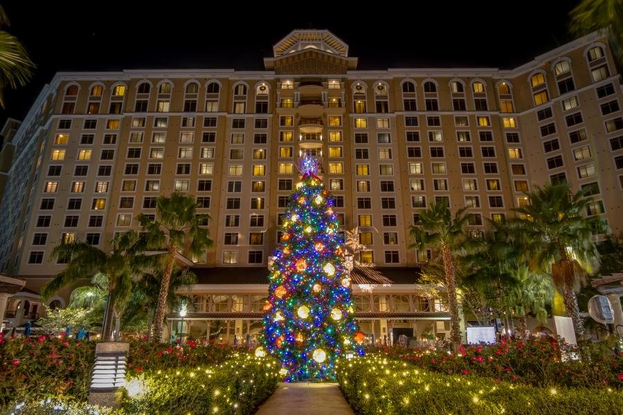 christmas tree lit up at night in front of large hotel